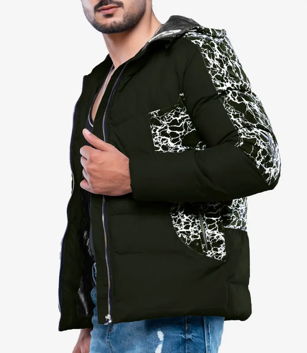 Karter Mens Duck Down Army Green Patterned Puffer Jacket With Hood Karter Mens Duck Down Army Green Patterned Puffer Jacket With Hood