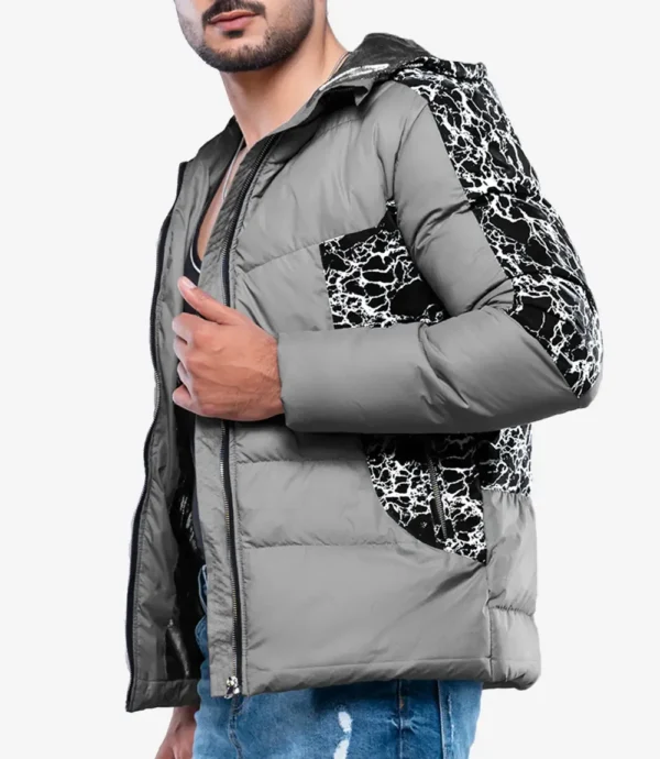 Karter Mens Duck Down Light Gray Patterned Puffer Jacket With Hood