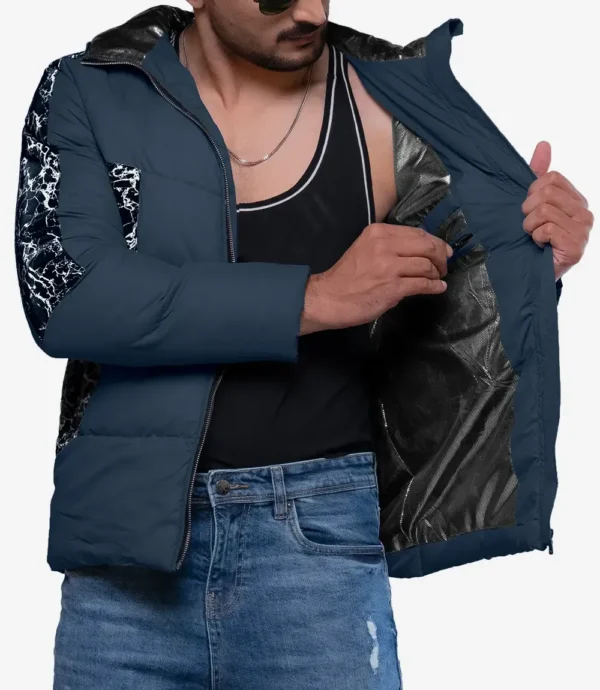 Karter Men’s Duck Down Navy Blue Patterned Puffer Jacket With Hood