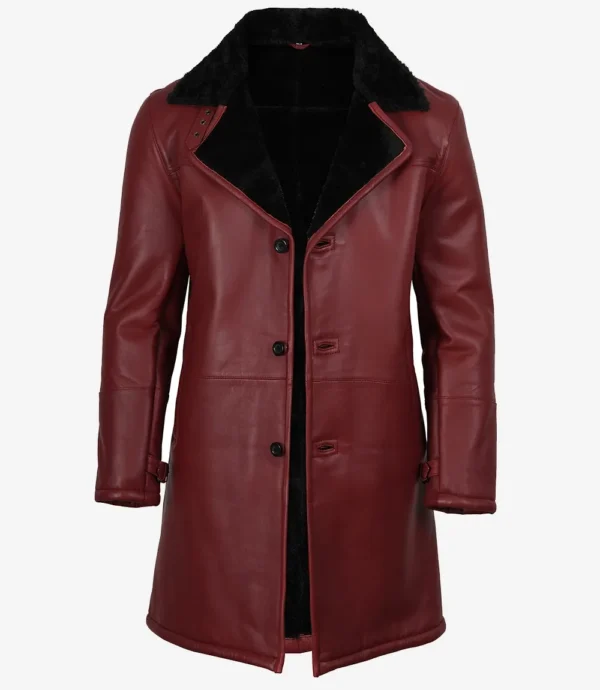 Men's Maroon Leather Coat with Black Shearling