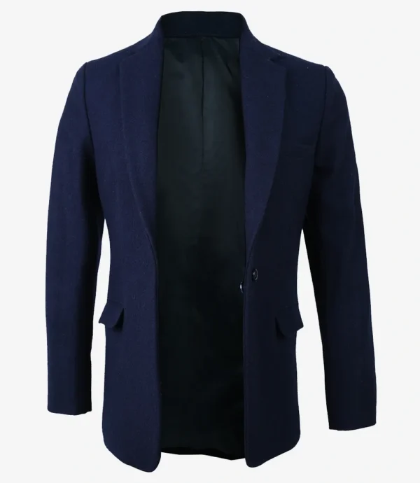 Women's Notch Lapel Navy Blue Wool Blazer - Single Button Closure