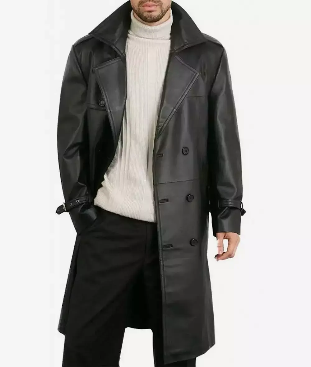 Mens Double-Breasted Black Lambskin Leather Coat - Knee Length Mens Double-Breasted Black Lambskin Leather Coat - Knee Length
