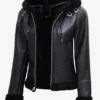 Women's Black Leather Hooded Shearling Jacket