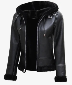 Women's Black Leather Hooded Shearling Jacket