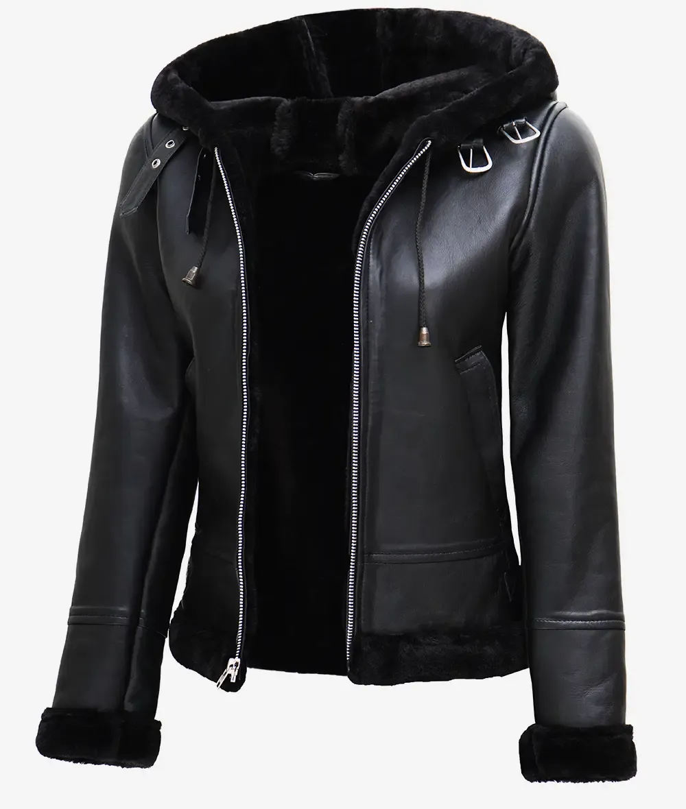 Women's Black Leather Hooded Shearling Jacket Women's Black Leather Hooded Shearling Jacket