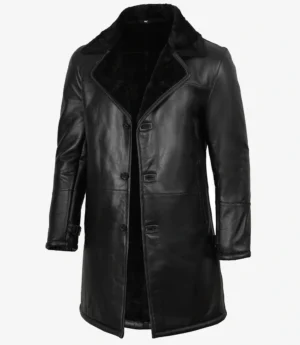 Men's Black 3/4 Length Shearling Leather Coat