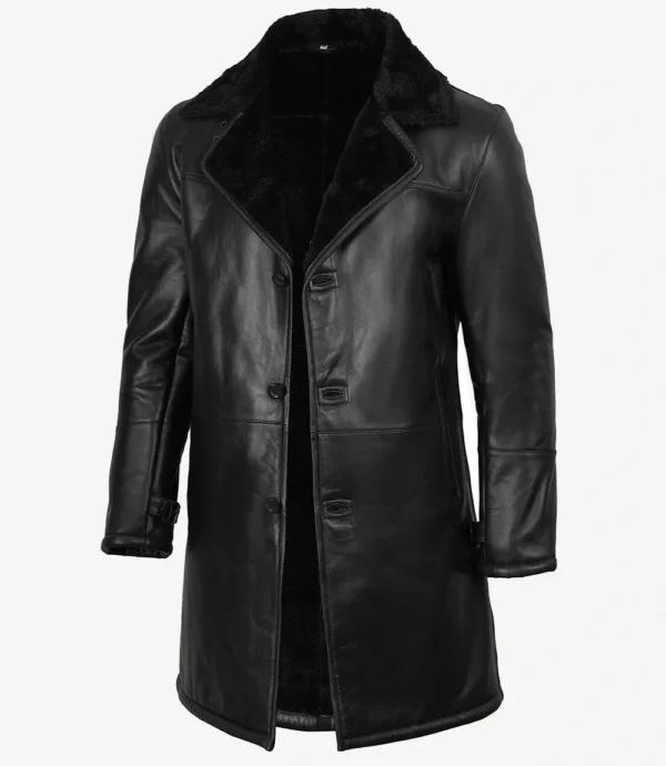 Men's Black 3/4 Length Shearling Leather Coat