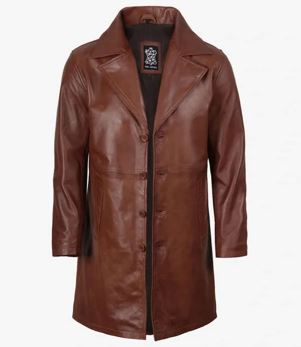 Mens Real Leather 3/4 Length Cognac Coat