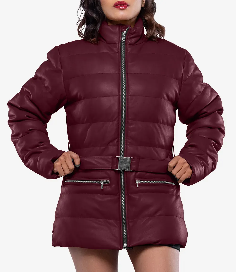 Robin Womens Vegan Leather Duck Down Maroon Puffer Jacket Robin Womens Vegan Leather Duck Down Maroon Puffer Jacket