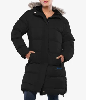 Ella Black Women's Long Puffer Parka Jacket with Faux Fur Trim Hood