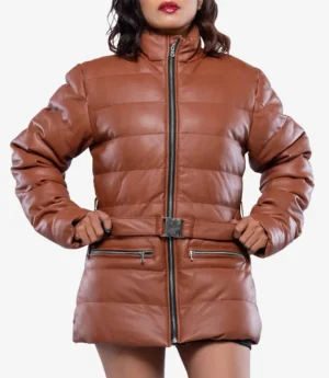 Robin Womens Vegan Leather Duck Down Cognac Puffer Jacket