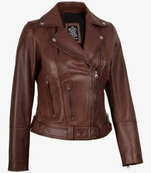 Women's Asymmetrical Biker Style Cognac Leather Jacket - Belted Waist