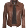 Womens Shirt Collar Cognac Harrington Leather Jacket