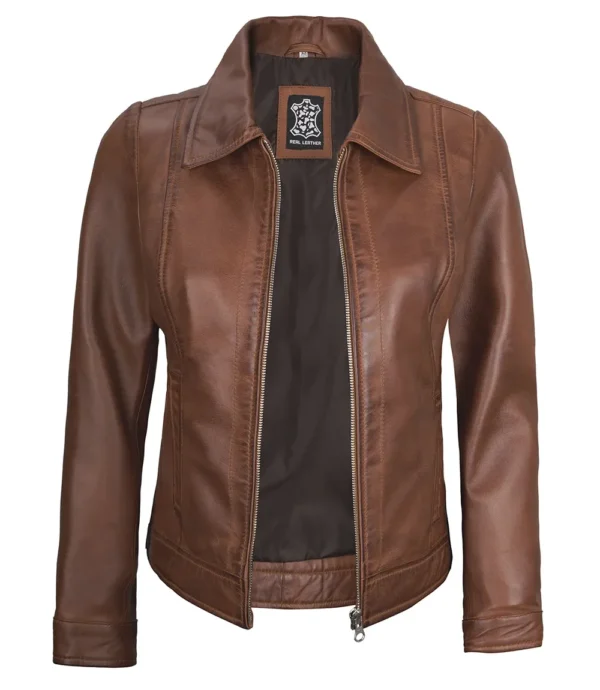 Womens Shirt Collar Cognac Harrington Leather Jacket