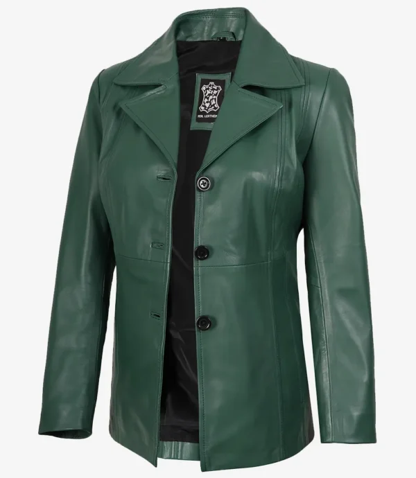 Womens Three Button Green Leather Blazer