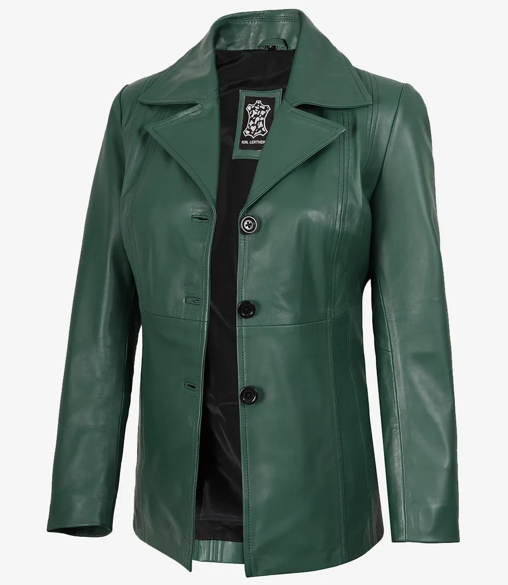 Womens Three Button Green Leather Blazer Womens Three Button Green Leather Blazer