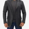 Mens Notch Lapel 2 Buttons Black Lambskin Leather Blazer