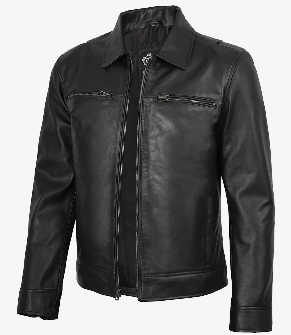 Mens Classic Shirt Collar Black Leather Jacket Mens Classic Shirt Collar Black Leather Jacket
