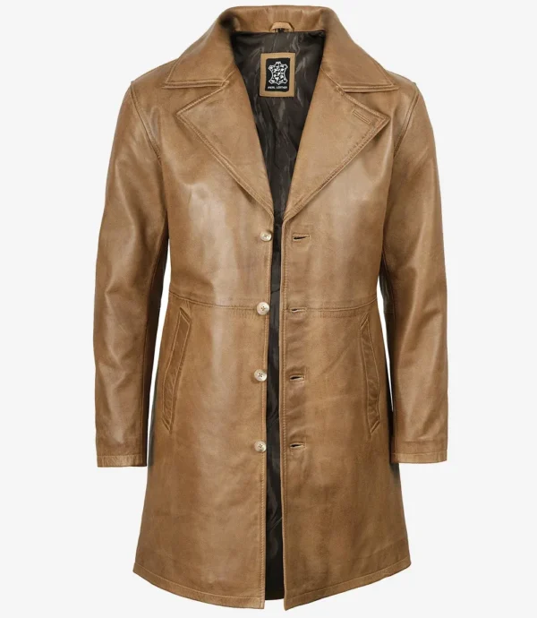 Mens Real Leather 3/4 Length Camel Brown Coat