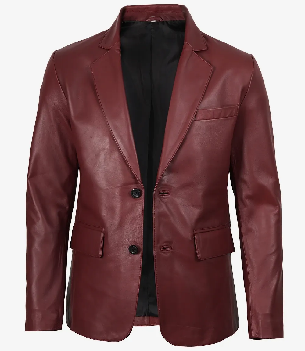 Men's Notch Lapel Maroon Leather Blazer – Two Button Men's Notch Lapel Maroon Leather Blazer – Two Button