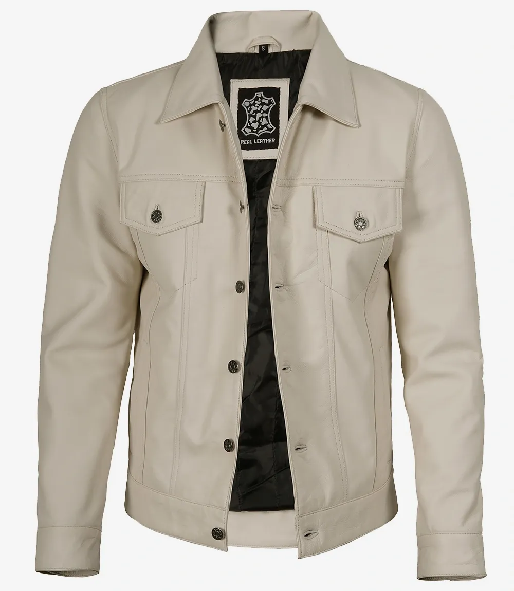 Mens Four Pockets Off White Leather Trucker Jacket Mens Four Pockets Off White Leather Trucker Jacket
