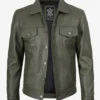 Men's Four Pockets Olive Green Trucker Leather Jacket