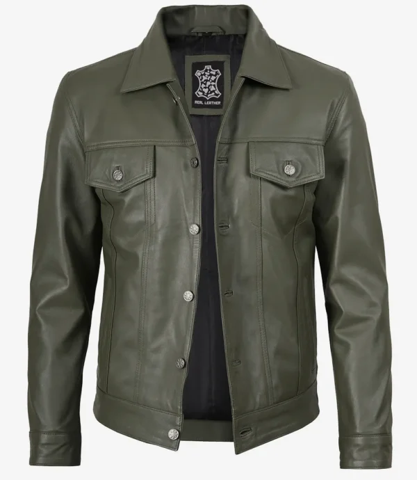 Men's Four Pockets Olive Green Trucker Leather Jacket