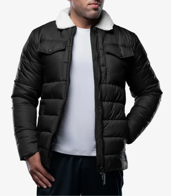 Bryce Men’s Black Trucker-Style Puffer Jacket – Fur Collar