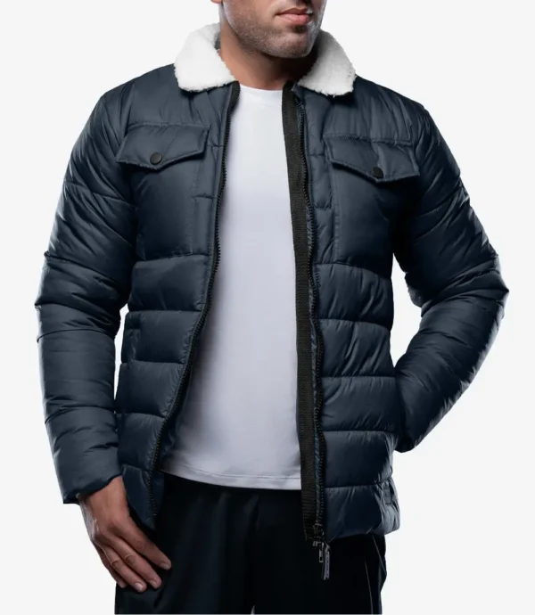 Bryce Men’s Blue Trucker-Style Puffer Jacket – Fur Collar