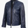 Mens Blue Waxed Quilted Shoulder Biker Style Leather Jacket