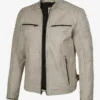 Mens Off White With Gray Wax Biker Style Leather Jacket