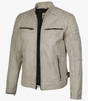 Mens Off White With Gray Wax Biker Style Leather Jacket
