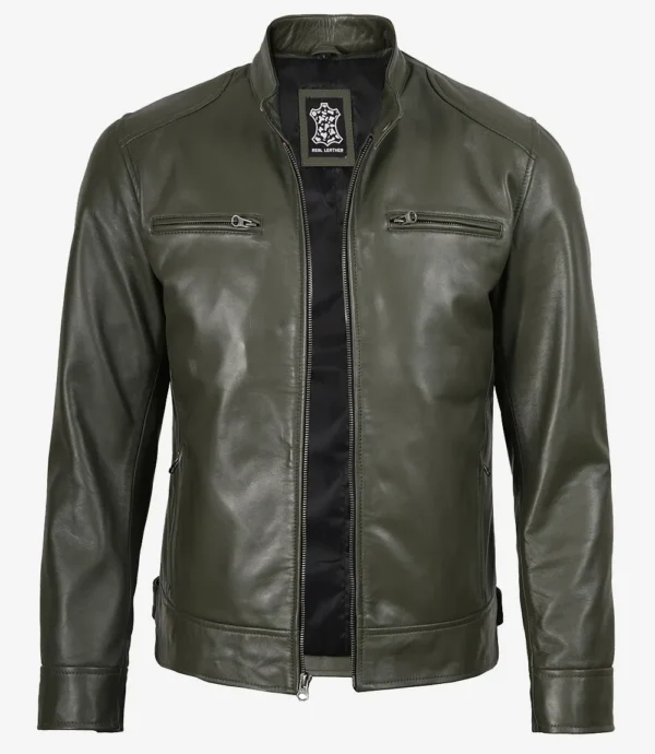Dodge Olive Green Biker Style Leather Jacket for Men