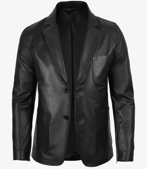 Mens Two Button Black Leather Blazer - Notch Lapel