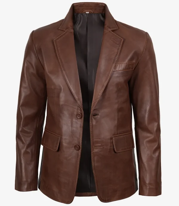 Mens Two Button Cognac Waxed Leather Blazer - Notch Lapel