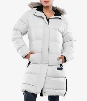 Ella Women’s White Hooded Parka Puffer Jacket – Long Length