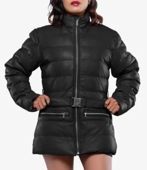 Robin Womens Vegan Leather Duck Down Black Puffer Jacket