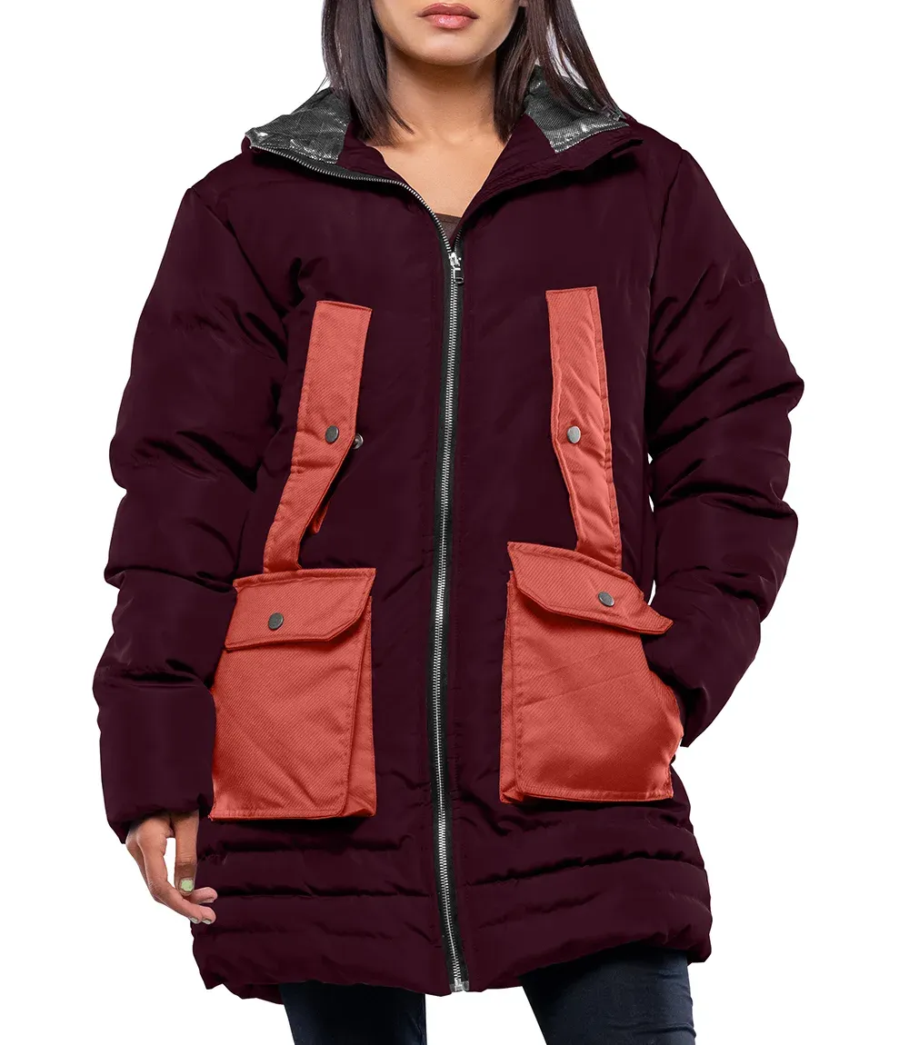 Reid Women’s Maroon & Rust Puffer Jacket With Hood Reid Women’s Maroon & Rust Puffer Jacket With Hood