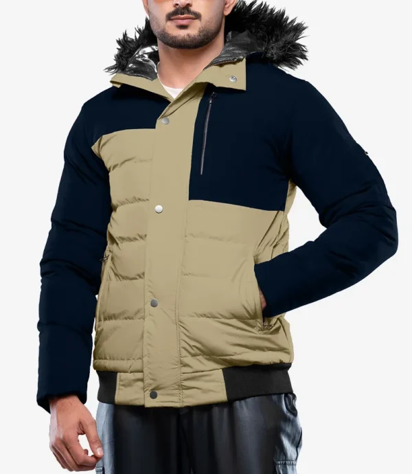 Walter Mens Duck Down Beige and Blue Puffer Jacket with Hood