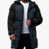 Lonnie Navy Blue & Grey Mens Long Winter Puffer Jacket - Hooded Down Coat
