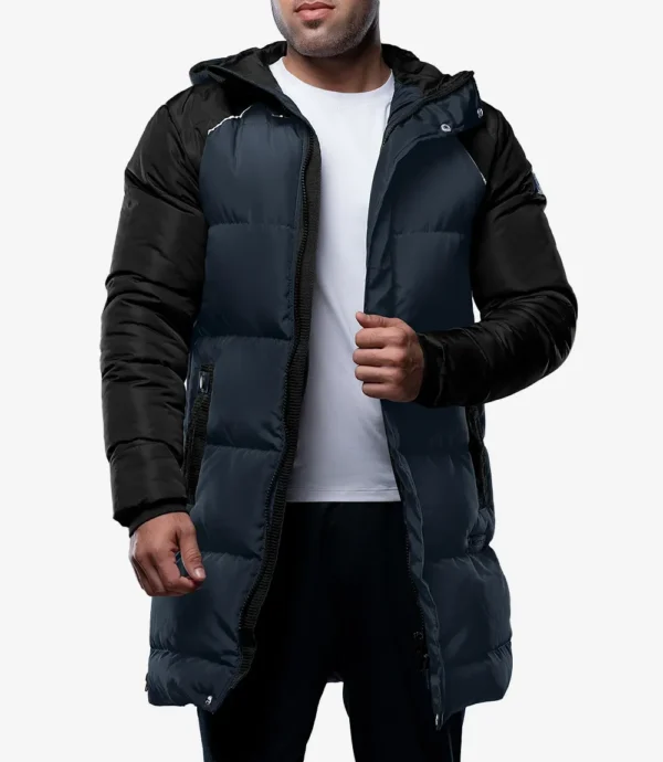 Lonnie Navy Blue & Grey Mens Long Winter Puffer Jacket - Hooded Down Coat