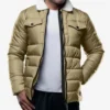 Bryce Men’s Beige Trucker-Style Puffer Jacket – Fur Collar