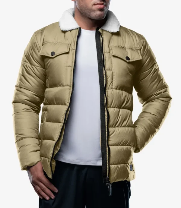 Bryce Men’s Beige Trucker-Style Puffer Jacket – Fur Collar