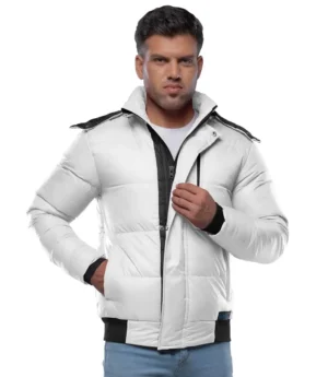 Men’s White Puffer Jacket – Faux Fur Hood