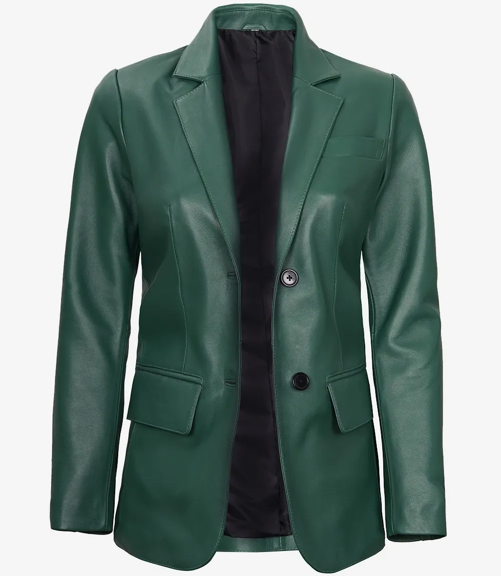 Womens Two Button Green Leather Blazer Womens Two Button Green Leather Blazer
