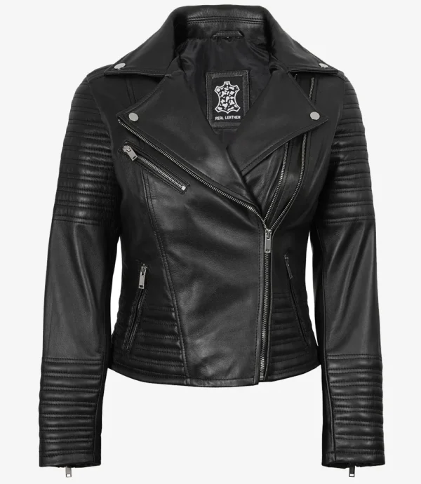 Womens Real leather Black Asymmetrical Biker Style Jacket
