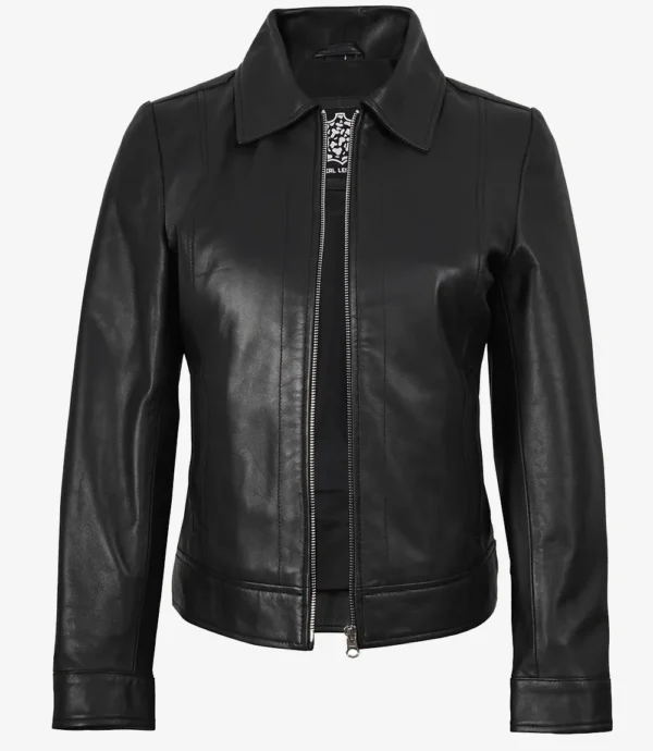 Jose Womens Black Shirt Collar Harrington Leather Jacket