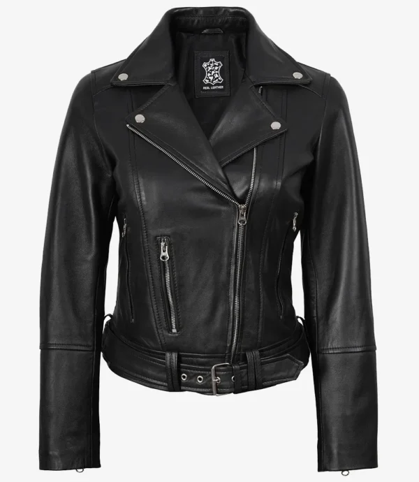 Womens Asymmetrical Black Leather Belted Biker Style Jacket