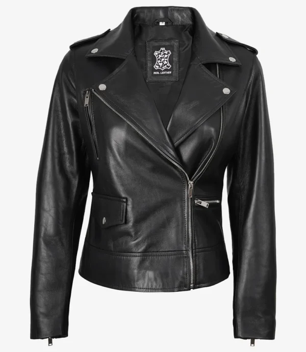 Amber Women's Black Leather Asymmetrical Biker Style Jacket