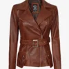 Women's Asymmetrical Cognac Wax Four-Pocket Belted Biker Style Jacket